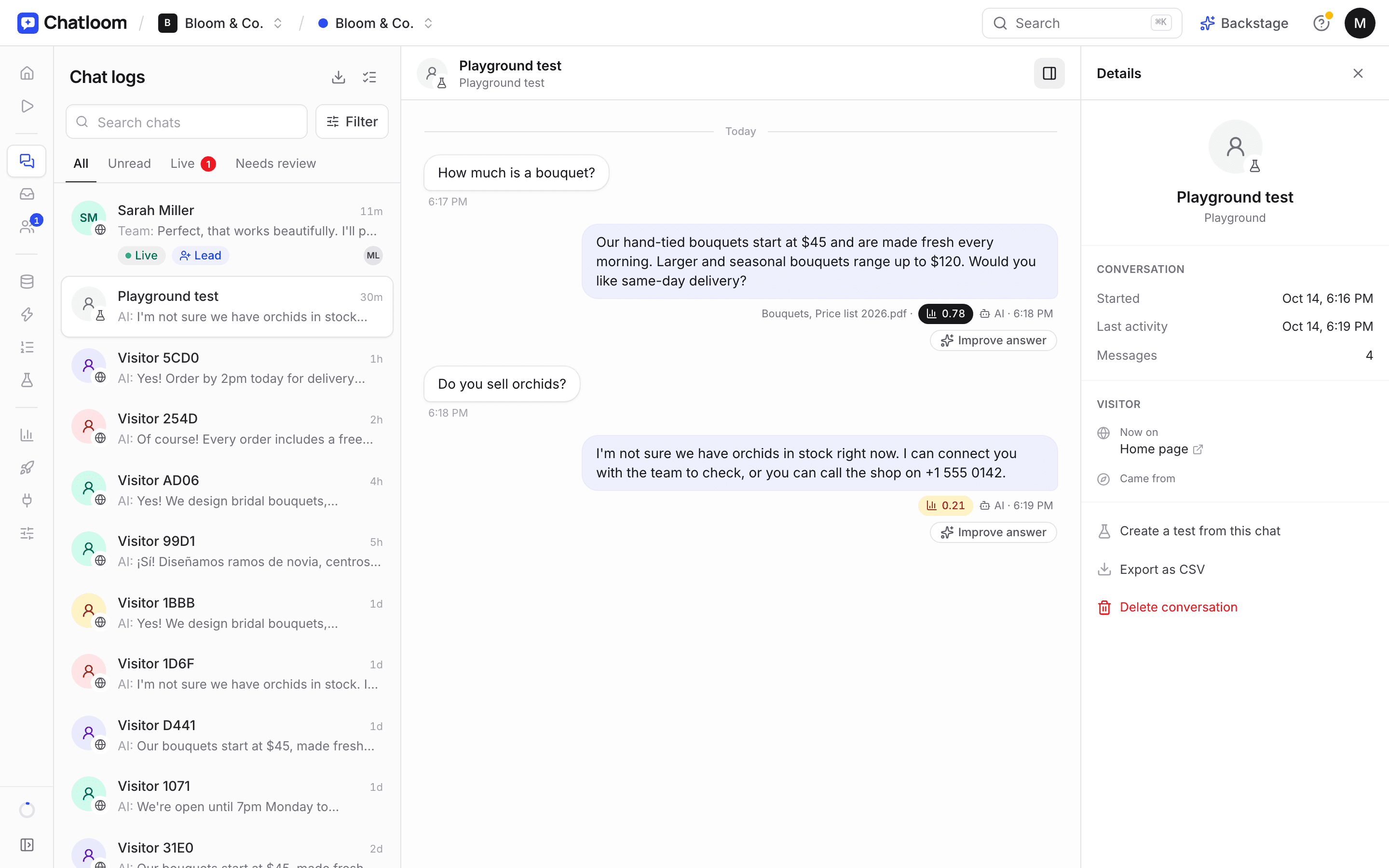 A test conversation in Chatloom showing an answer with its sources and an unsure answer