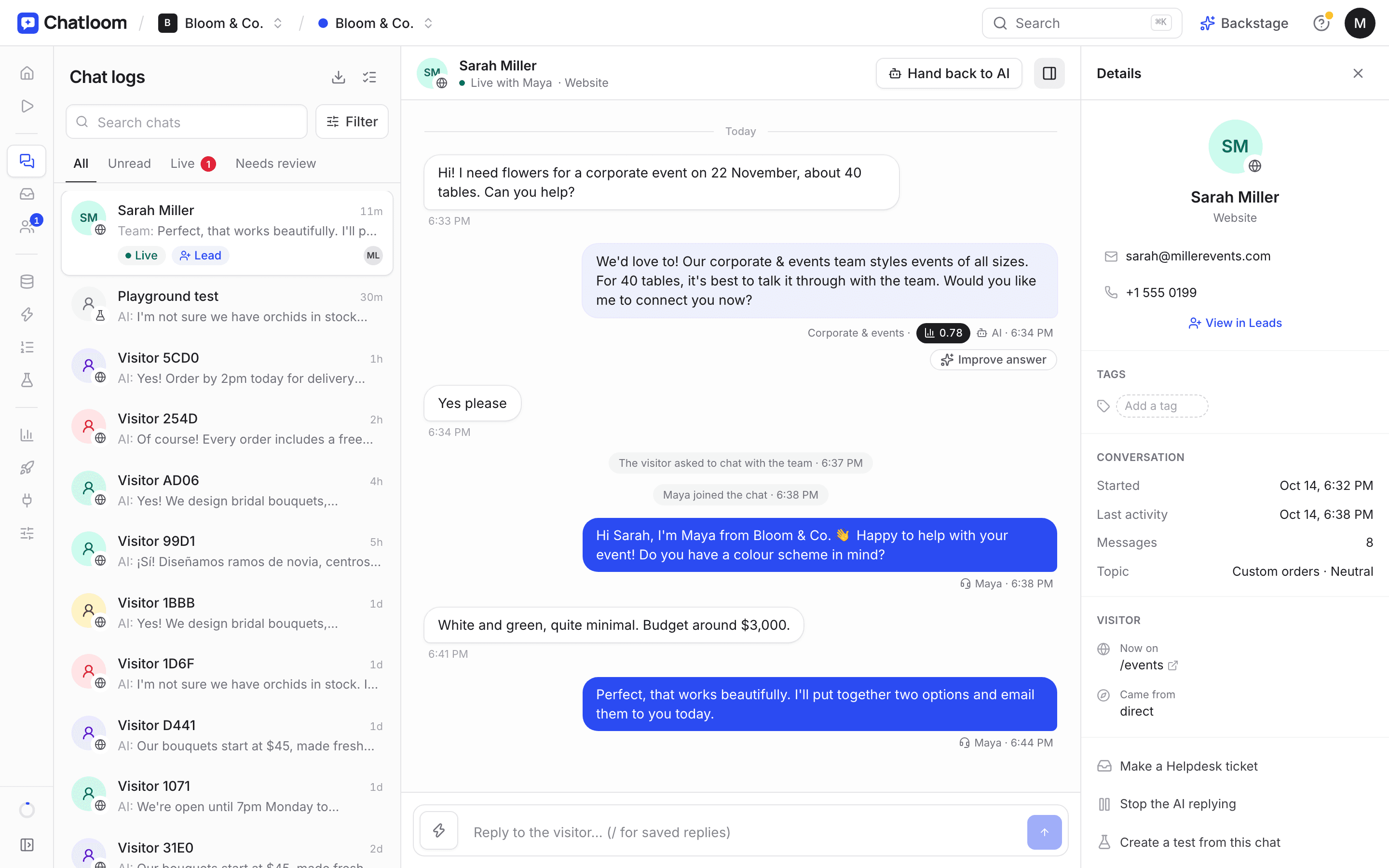 A live chat in Chatloom where the AI answered first and a team member took over